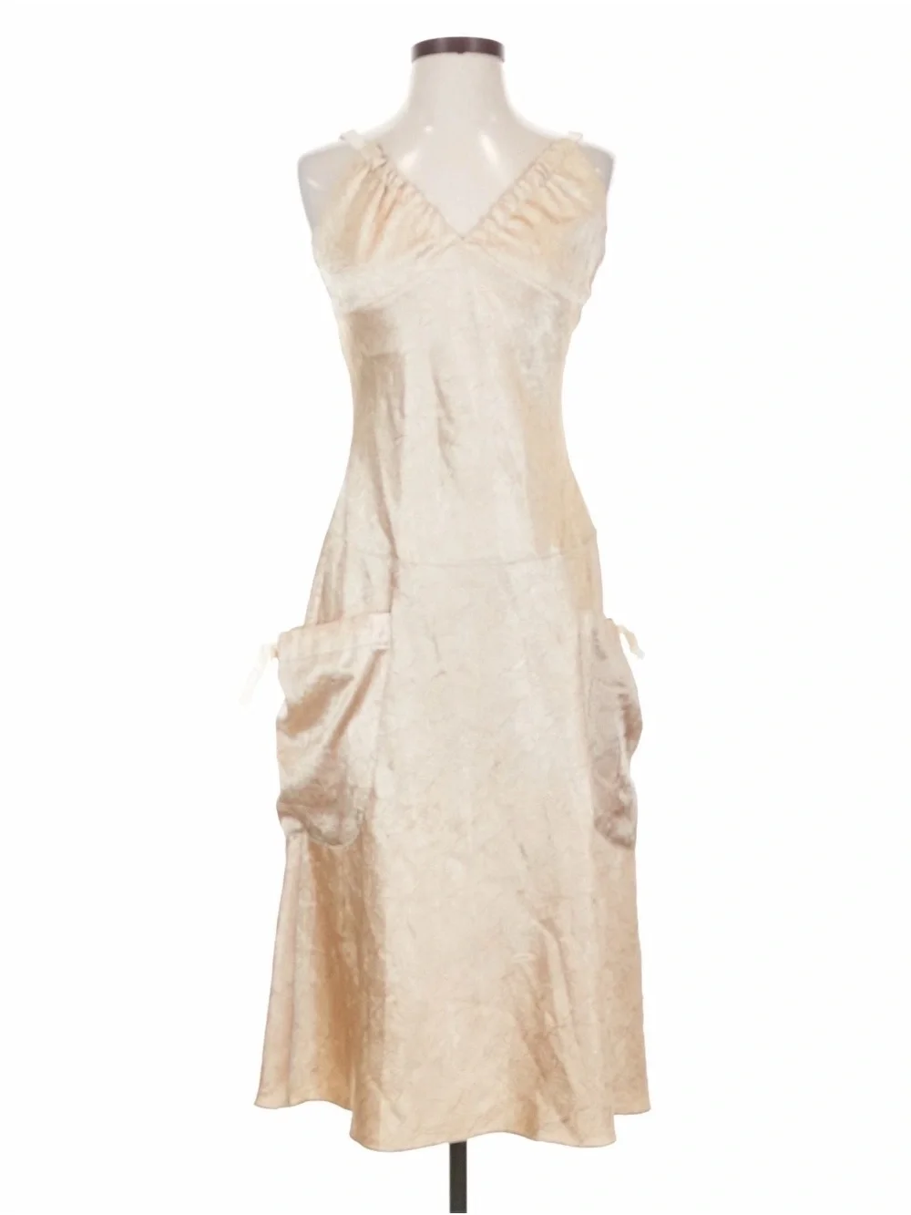 Romantic Coquette Fairycore Satin Midi Dress Champagne Gold Pockets US 8 - Picture 4 of 8